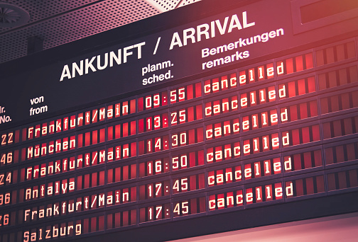 All flights cancelled arrival board at the airport